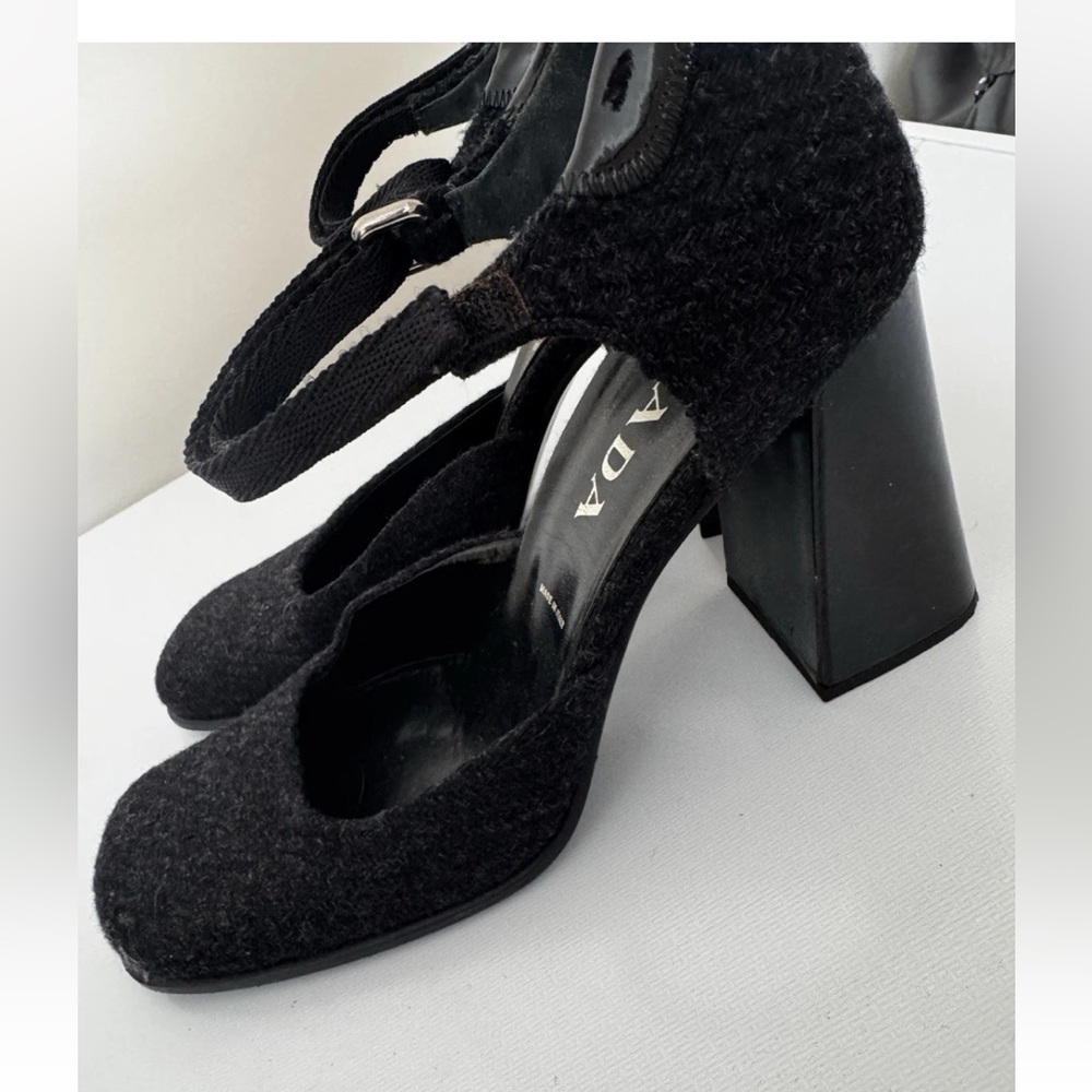 Prada Vintage 90s Black Wool Mary Jane Block Heels with Ankle Strap 38 8 - Picture 3 of 10